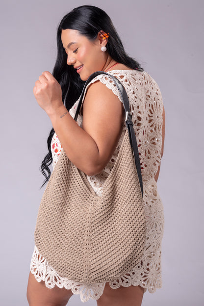 Bolso Tejido Arena – Tote Playero con Correa Negra Ajustable