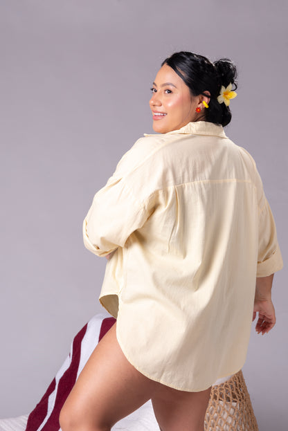 Camisera de Lino Amarillo Mantequilla Mujer – Cover Up Ligero de Playa