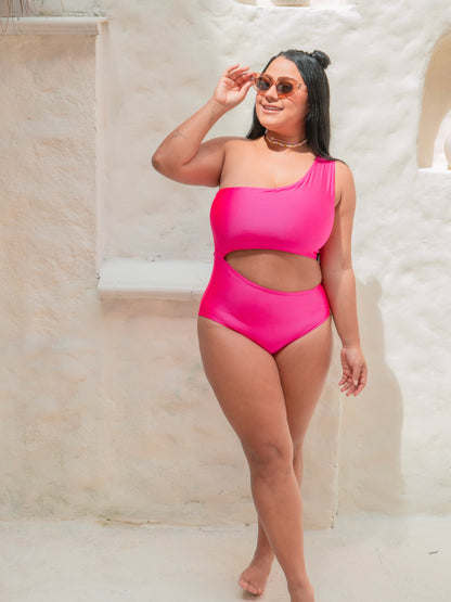 Vestido de baño entero fucsia Evolución mujer asimétrico frente